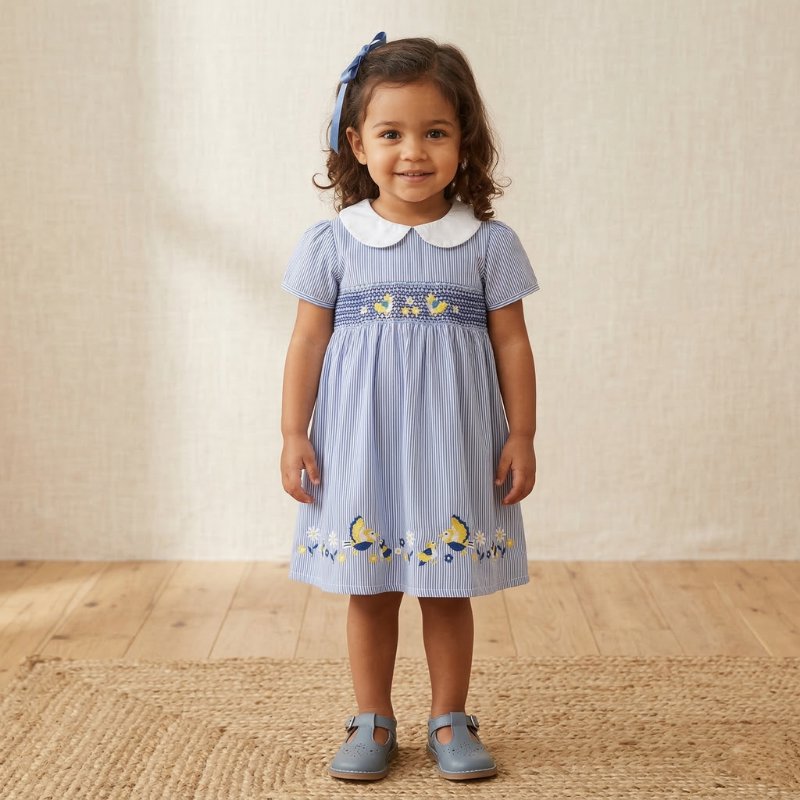 Vestido Infantil Bordado de Patinhos com Gola Peter Pan Moda Vintage Infantil 65 Kabannas Azul 2 Anos 