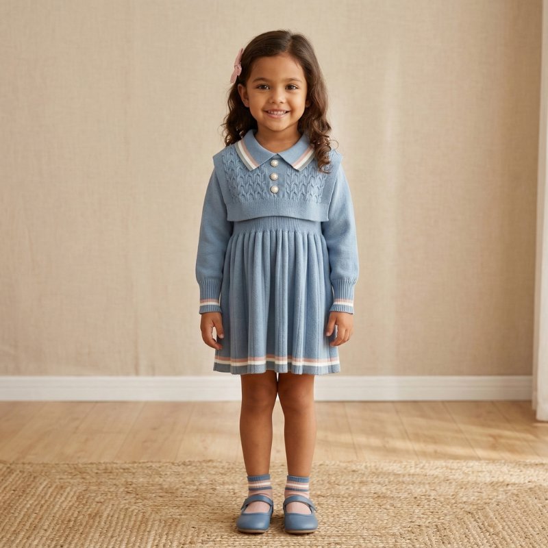 Vestido Infantil de Tricô com Gola Polo e Colete Moda Vintage Infantil 61 Kabannas Azul 3 Anos 