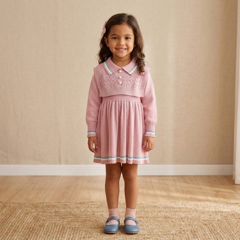Vestido Infantil de Tricô com Gola Polo e Colete Moda Vintage Infantil 61 Kabannas Rosa 3 Anos 