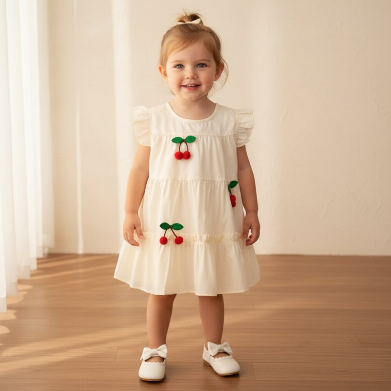 Vestido Infantil de Verão com Estampa de Cerejas e Babados Vestido Menina 14 Kabannas 12-18 Meses 