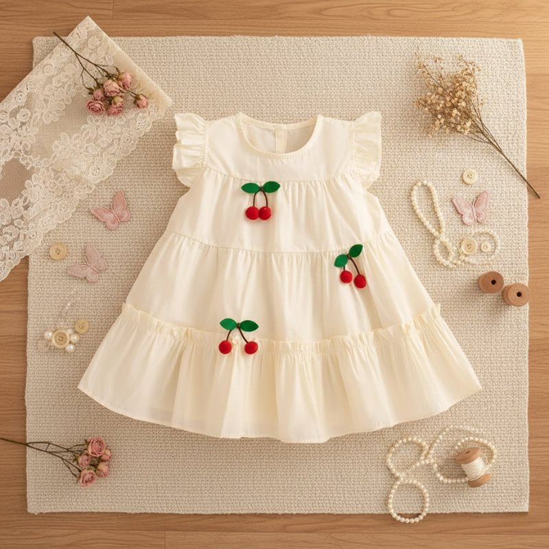 Vestido Infantil de Verão com Estampa de Cerejas e Babados Vestido Menina 14 Kabannas 