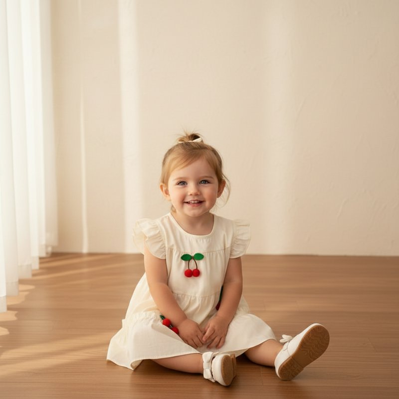 Vestido Infantil de Verão com Estampa de Cerejas e Babados Vestido Menina 14 Kabannas 