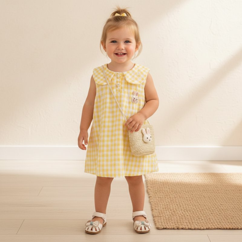 Vestido Infantil de Verão com Gola de Boneca e Bolsa Vestido Menina 19 Kabannas Amarelo 9-12 Meses 