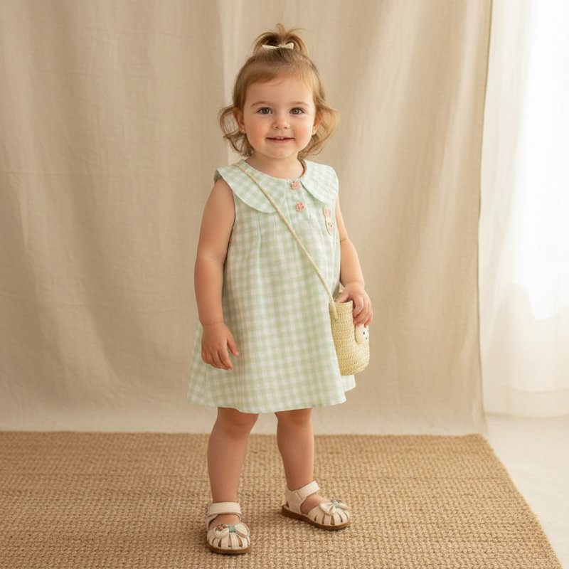 Vestido Infantil de Verão com Gola de Boneca e Bolsa Vestido Menina 19 Kabannas Verde 9-12 Meses 