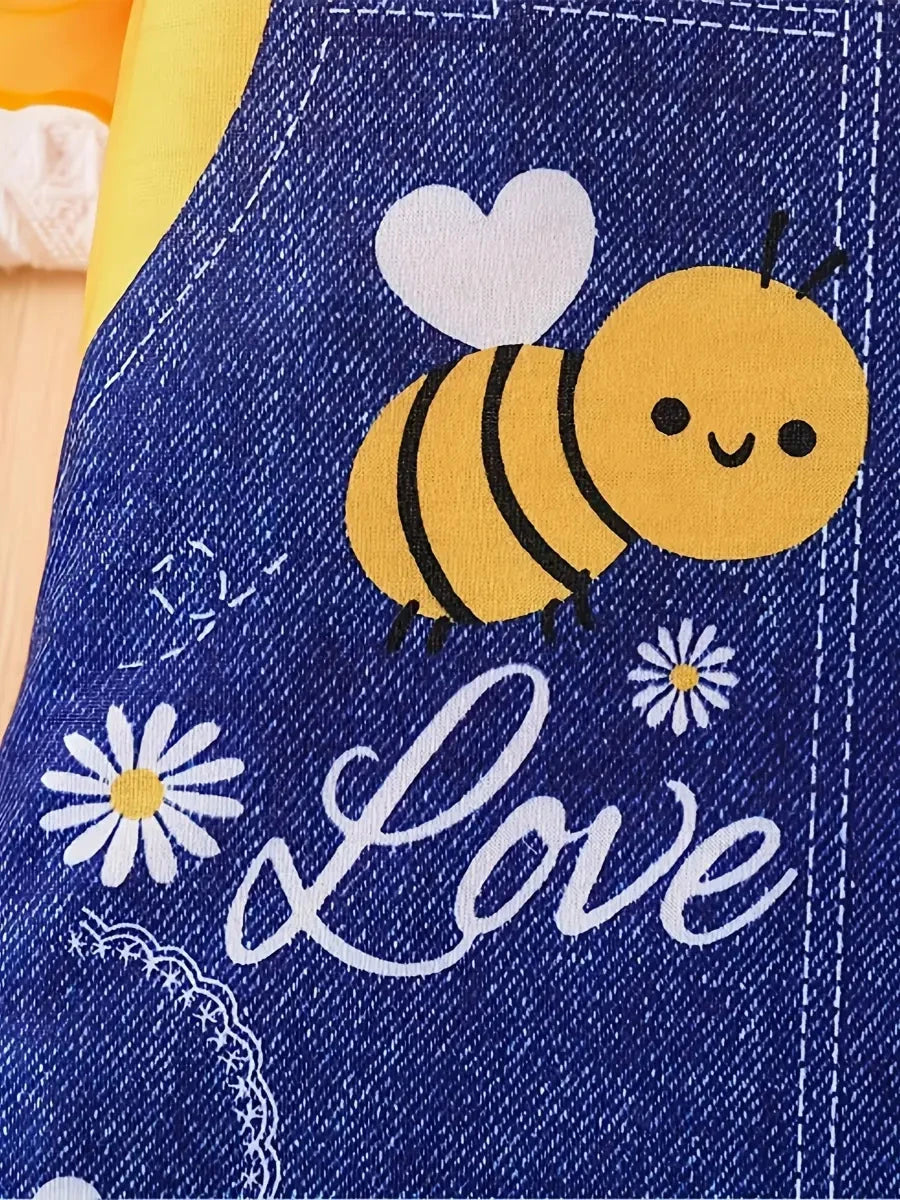 Vestido Infantil Feminino Estilo Jardineira com Estampa de Abelha e Manga Curta Vestido Infantil 07 Kabannas 