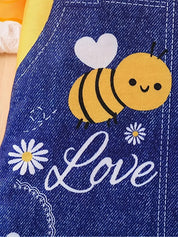 Vestido Infantil Feminino Estilo Jardineira com Estampa de Abelha e Manga Curta Vestido Infantil 07 Kabannas 