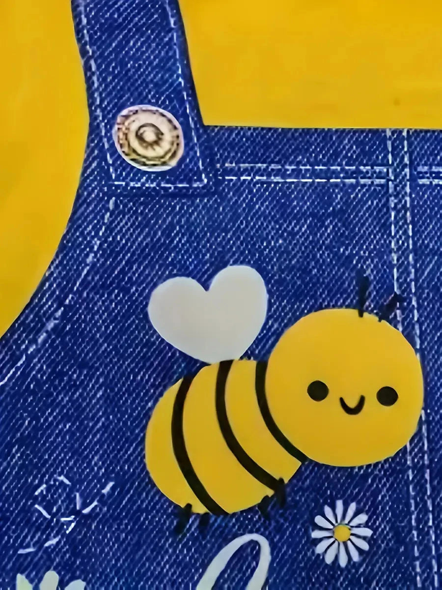 Vestido Infantil Feminino Estilo Jardineira com Estampa de Abelha e Manga Curta Vestido Infantil 07 Kabannas 