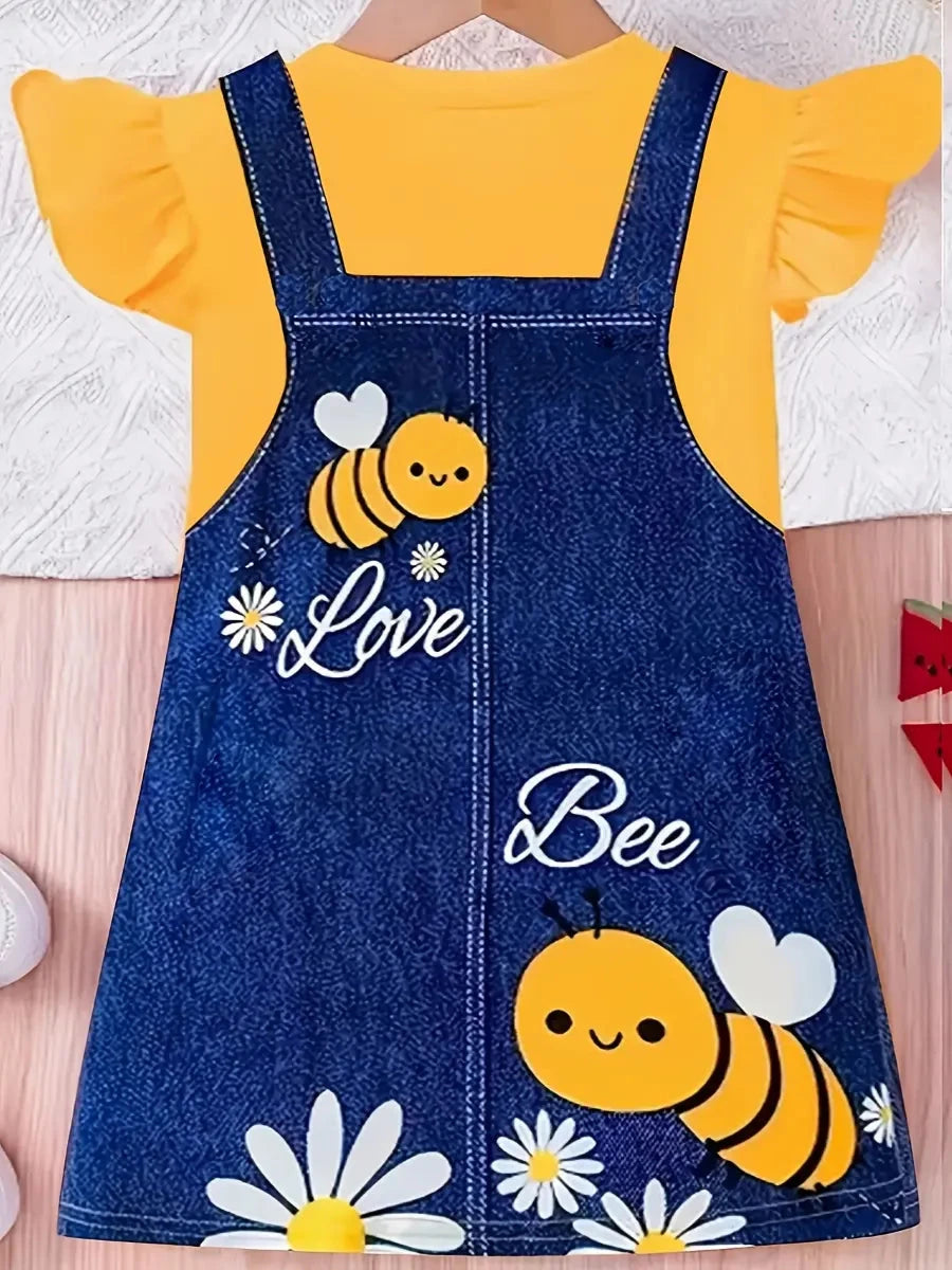 Vestido Infantil Feminino Estilo Jardineira com Estampa de Abelha e Manga Curta Vestido Infantil 07 Kabannas 