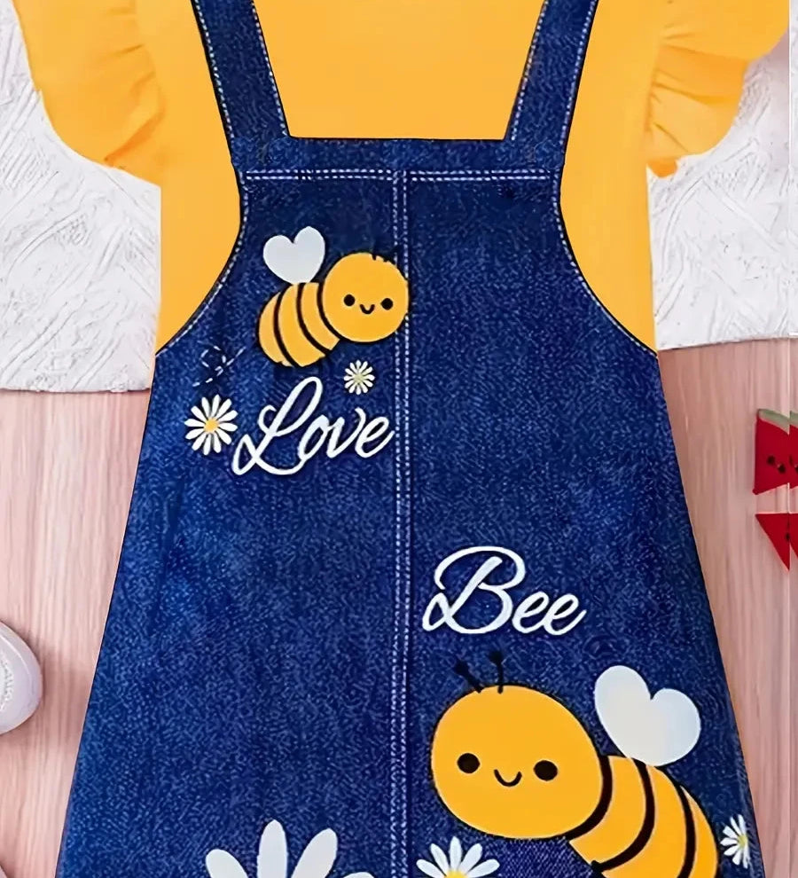 Vestido Infantil Feminino Estilo Jardineira com Estampa de Abelha e Manga Curta Vestido Infantil 07 Kabannas 