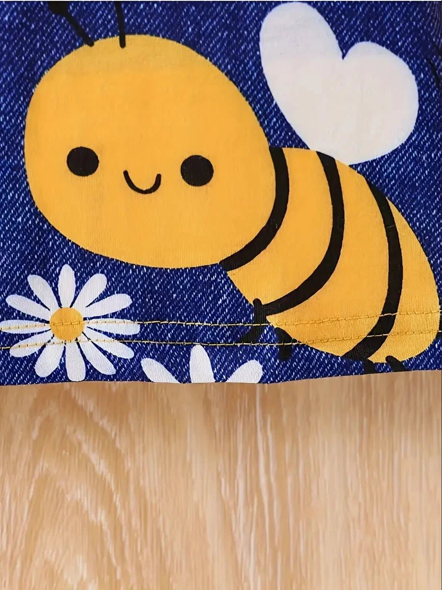 Vestido Infantil Feminino Estilo Jardineira com Estampa de Abelha e Manga Curta Vestido Infantil 07 Kabannas 