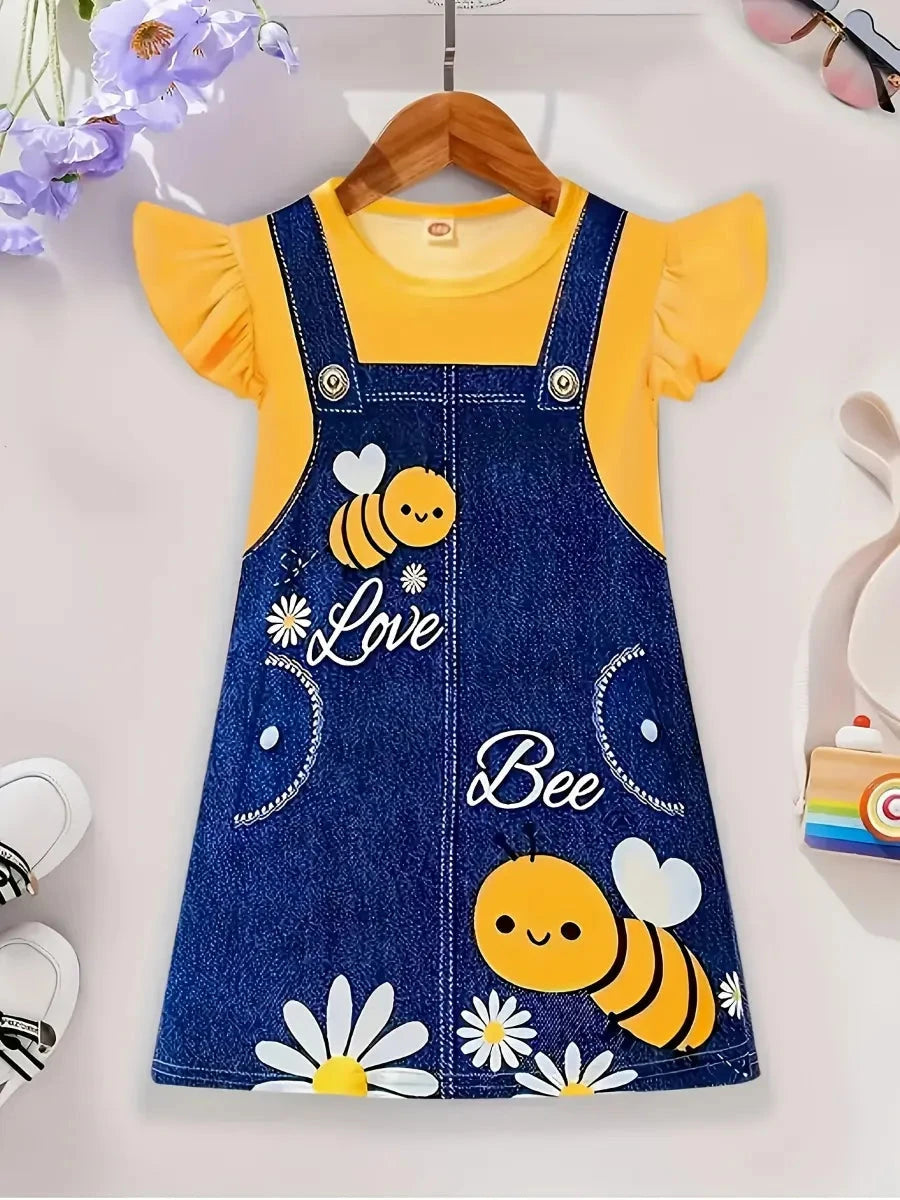 Vestido Infantil Feminino Estilo Jardineira com Estampa de Abelha e Manga Curta Vestido Infantil 07 Kabannas Amarelo 1-2 Anos 