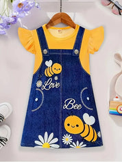 Vestido Infantil Feminino Estilo Jardineira com Estampa de Abelha e Manga Curta Vestido Infantil 07 Kabannas Amarelo 1-2 Anos 