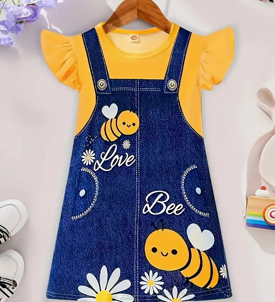 Vestido Infantil Feminino Estilo Jardineira com Estampa de Abelha e Manga Curta Vestido Infantil 07 Kabannas Amarelo 1-2 Anos 