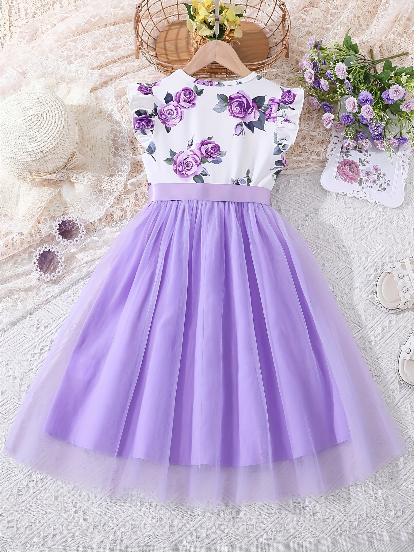 Vestido Infantil Feminino Floral com Saia de Tule e Laço Manga Borboleta Vestido Infantil 05 Kabannas 