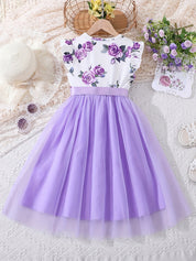 Vestido Infantil Feminino Floral com Saia de Tule e Laço Manga Borboleta Vestido Infantil 05 Kabannas 