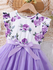 Vestido Infantil Feminino Floral com Saia de Tule e Laço Manga Borboleta Vestido Infantil 05 Kabannas 