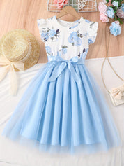 Vestido Infantil Feminino Floral com Saia de Tule e Laço Manga Borboleta Vestido Infantil 05 Kabannas Azul 7-8 Anos 