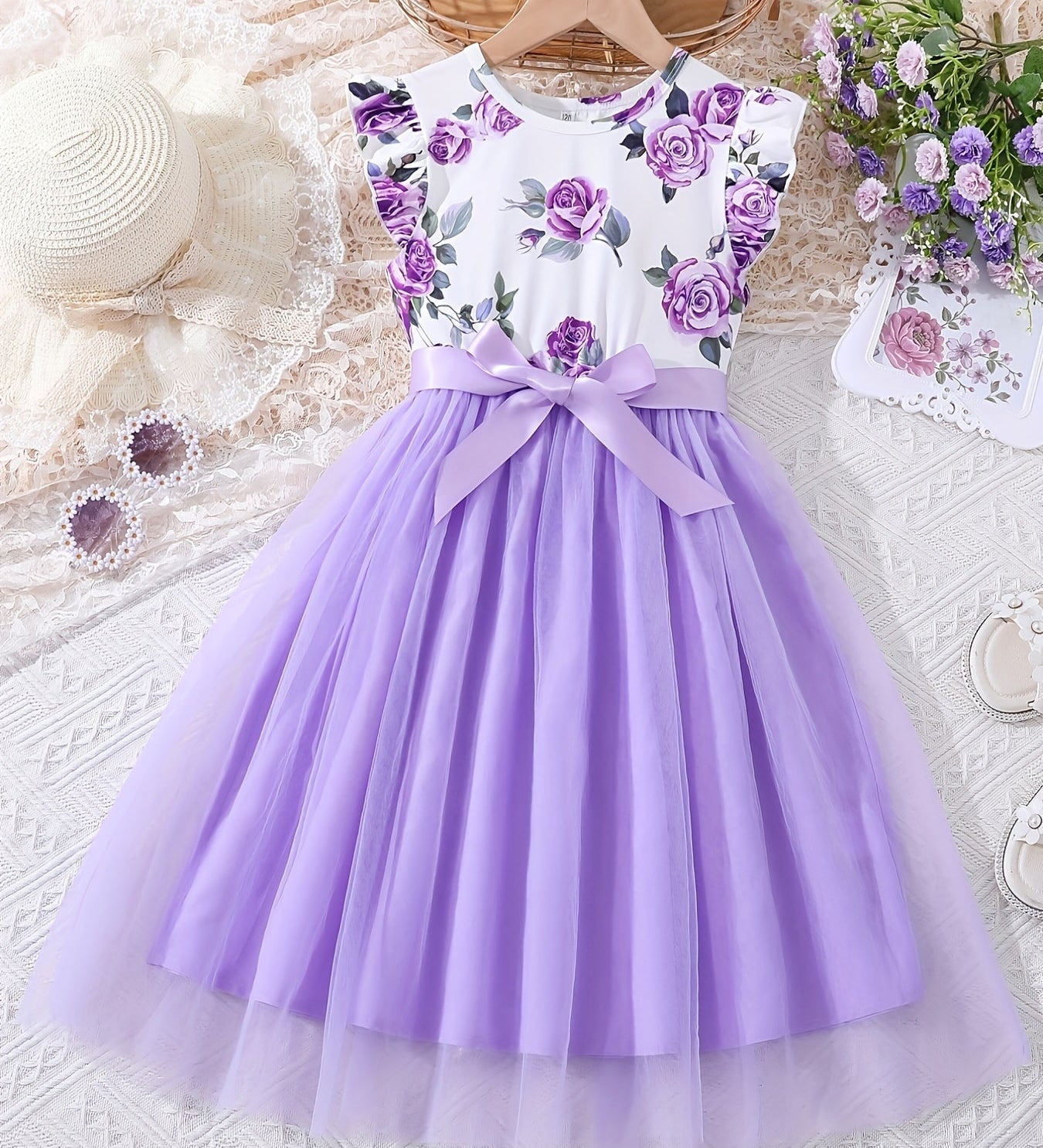 Vestido Infantil Feminino Floral com Saia de Tule e Laço Manga Borboleta Vestido Infantil 05 Kabannas Lilás 7-8 Anos 
