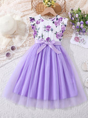 Vestido Infantil Feminino Floral com Saia de Tule e Laço Manga Borboleta Vestido Infantil 05 Kabannas Lilás 7-8 Anos 