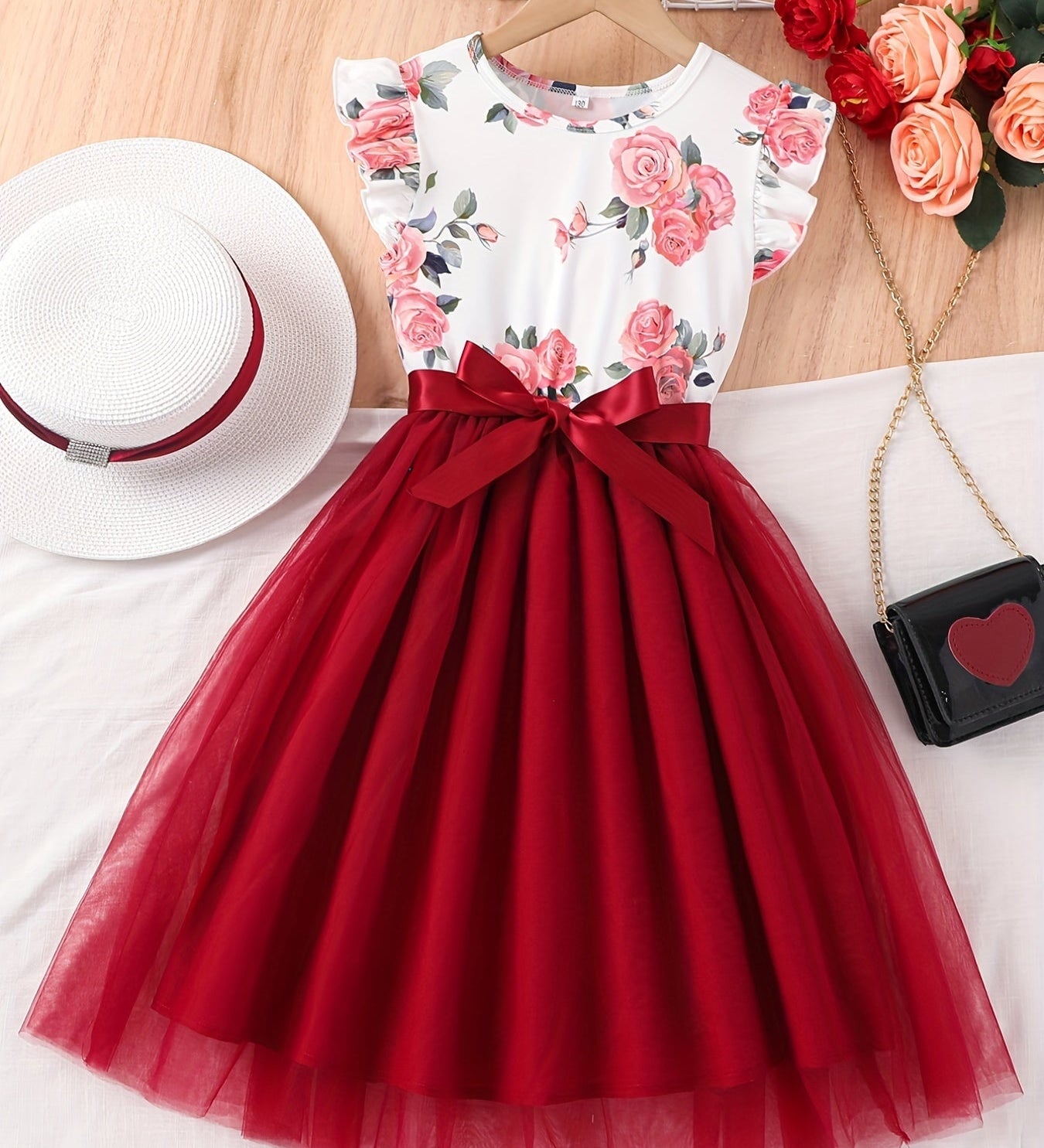 Vestido Infantil Feminino Floral com Saia de Tule e Laço Manga Borboleta Vestido Infantil 05 Kabannas Vinho 7-8 Anos 