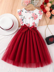 Vestido Infantil Feminino Floral com Saia de Tule e Laço Manga Borboleta Vestido Infantil 05 Kabannas Vinho 7-8 Anos 