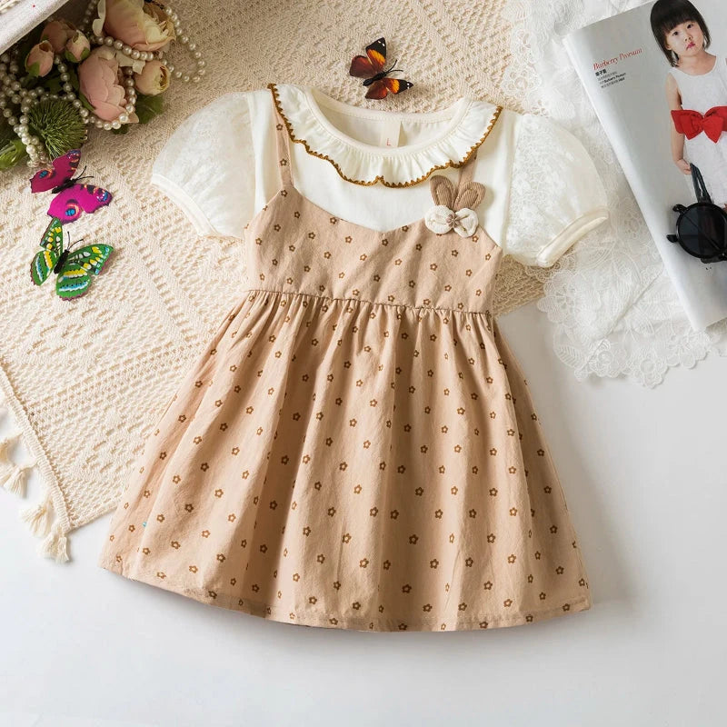 Vestido Infantil Floral com Apliques de Coelho Vestido Menina 24 Kabannas Bege 6-9 Meses 