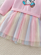 Vestido Infantil Manga Longa Moletom com Saia Tule Arco-Íris Estampa Unicórnio Meninas Vestido Infantil 08 Kabannas 