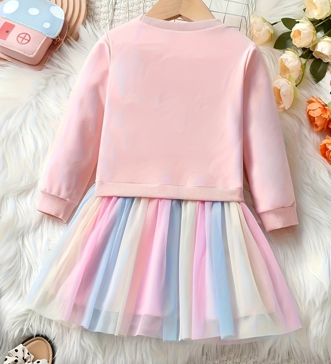 Vestido Infantil Manga Longa Moletom com Saia Tule Arco-Íris Estampa Unicórnio Meninas Vestido Infantil 08 Kabannas 