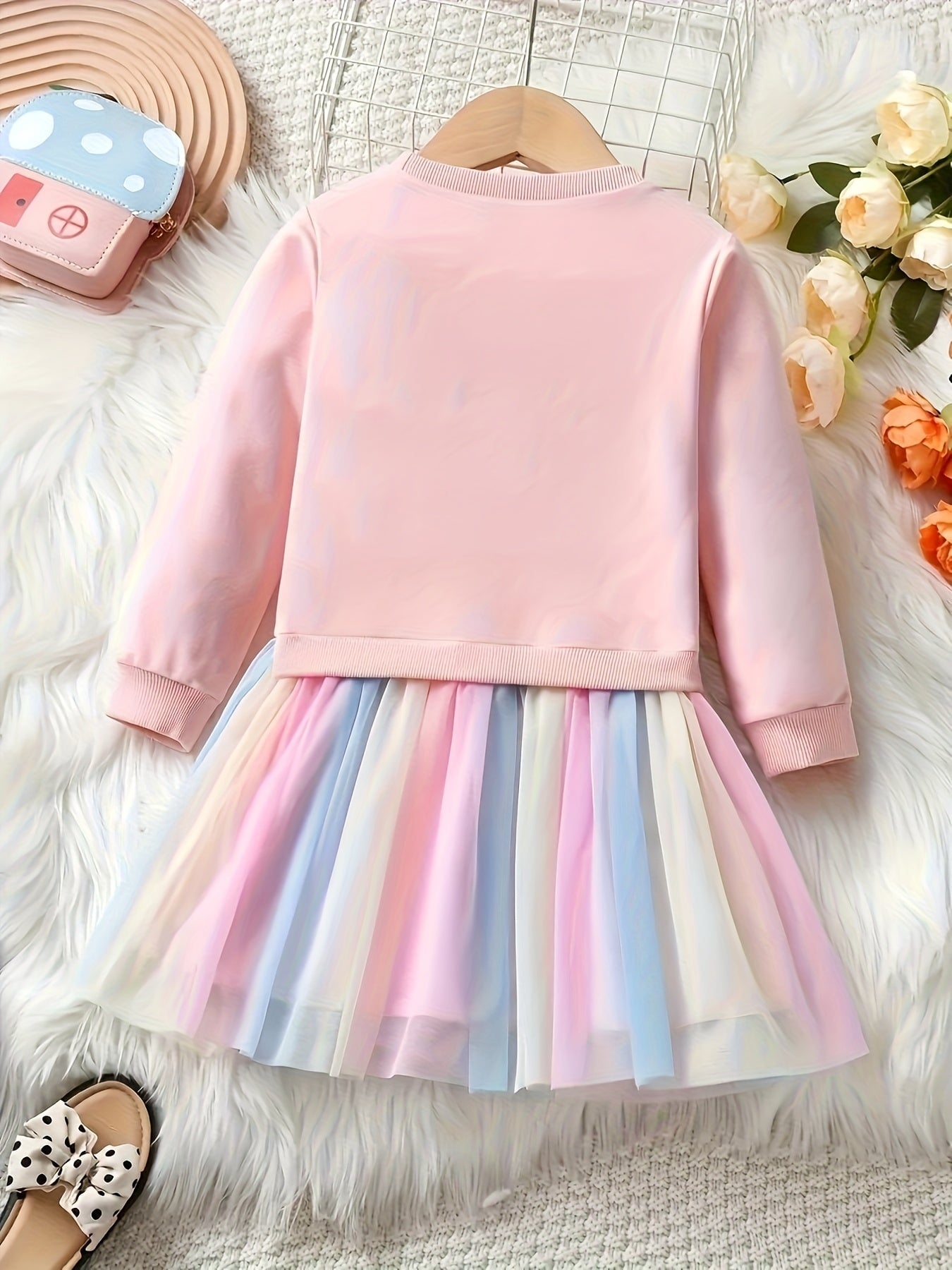 Vestido Infantil Manga Longa Moletom com Saia Tule Arco-Íris Estampa Unicórnio Meninas Vestido Infantil 08 Kabannas 