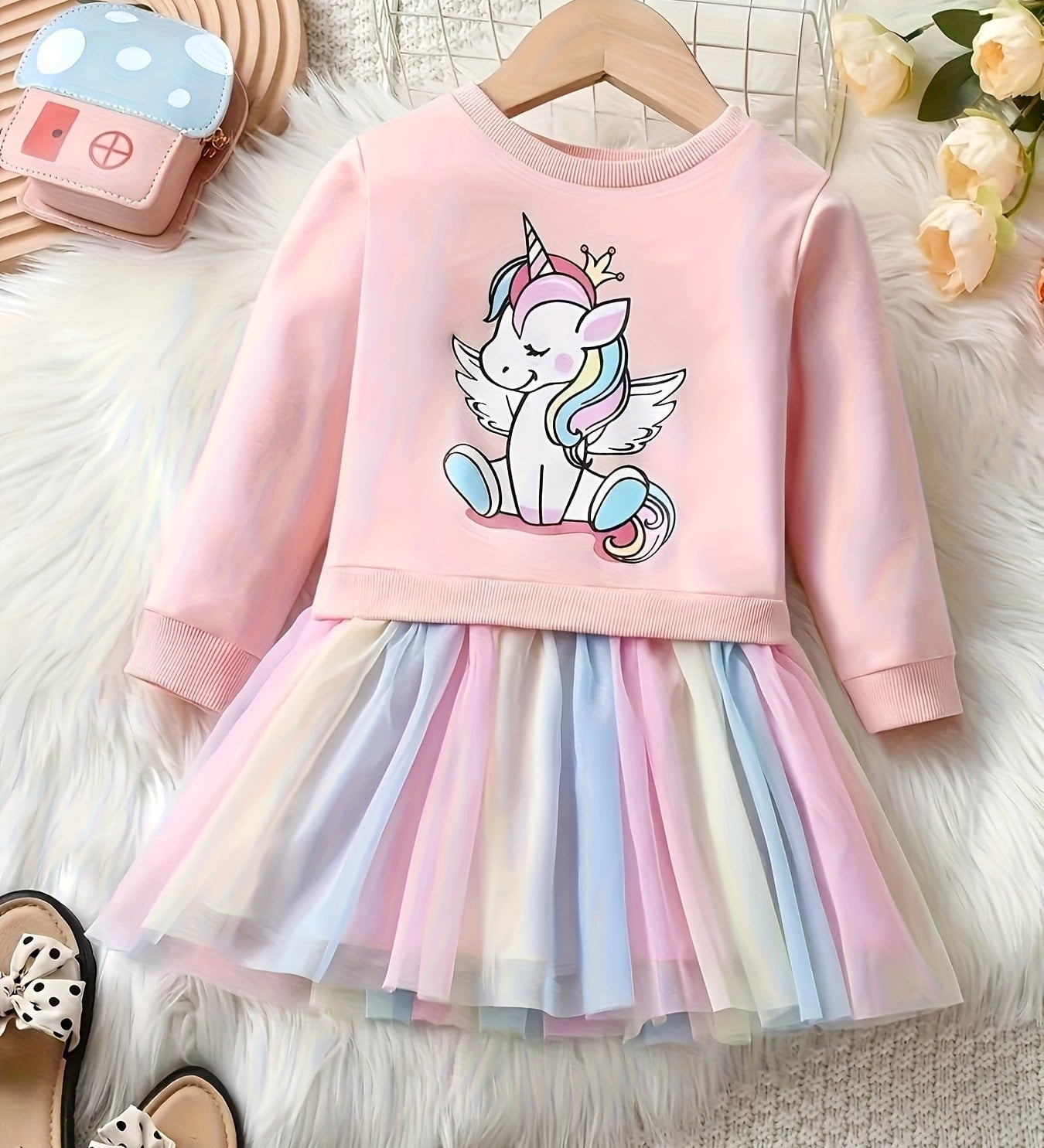 Vestido Infantil Manga Longa Moletom com Saia Tule Arco-Íris Estampa Unicórnio Meninas Vestido Infantil 08 Kabannas Rosa 1-2 Anos 