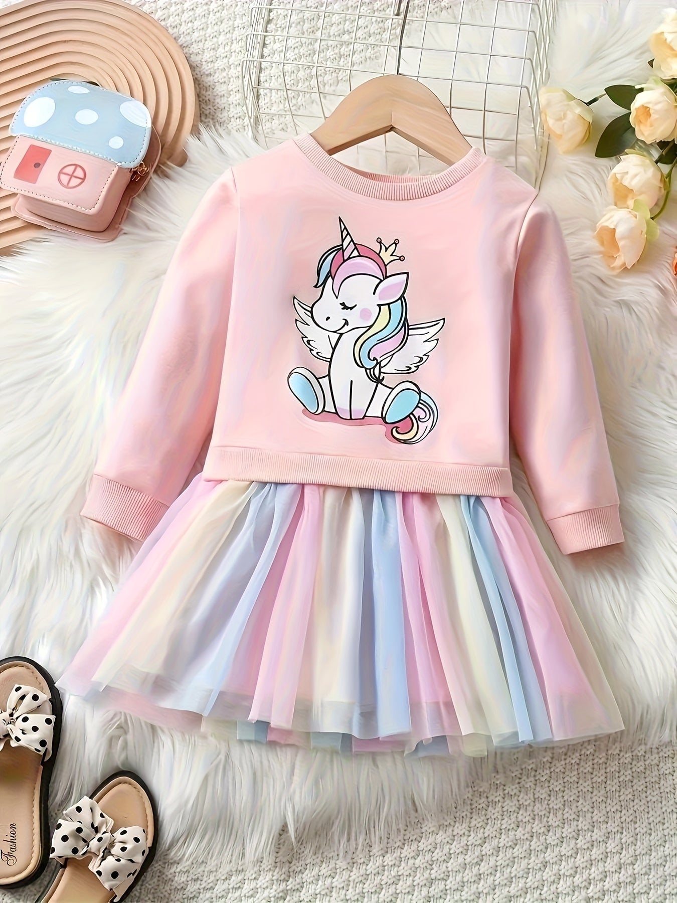 Vestido Infantil Manga Longa Moletom com Saia Tule Arco-Íris Estampa Unicórnio Meninas Vestido Infantil 08 Kabannas Rosa 1-2 Anos 