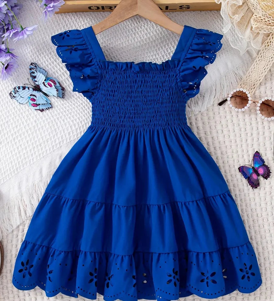Vestido Infantil Menina Decote Quadrado Manga Borboleta Vazada Franzido Rodado Vestido Infantil 01 Kabannas 
