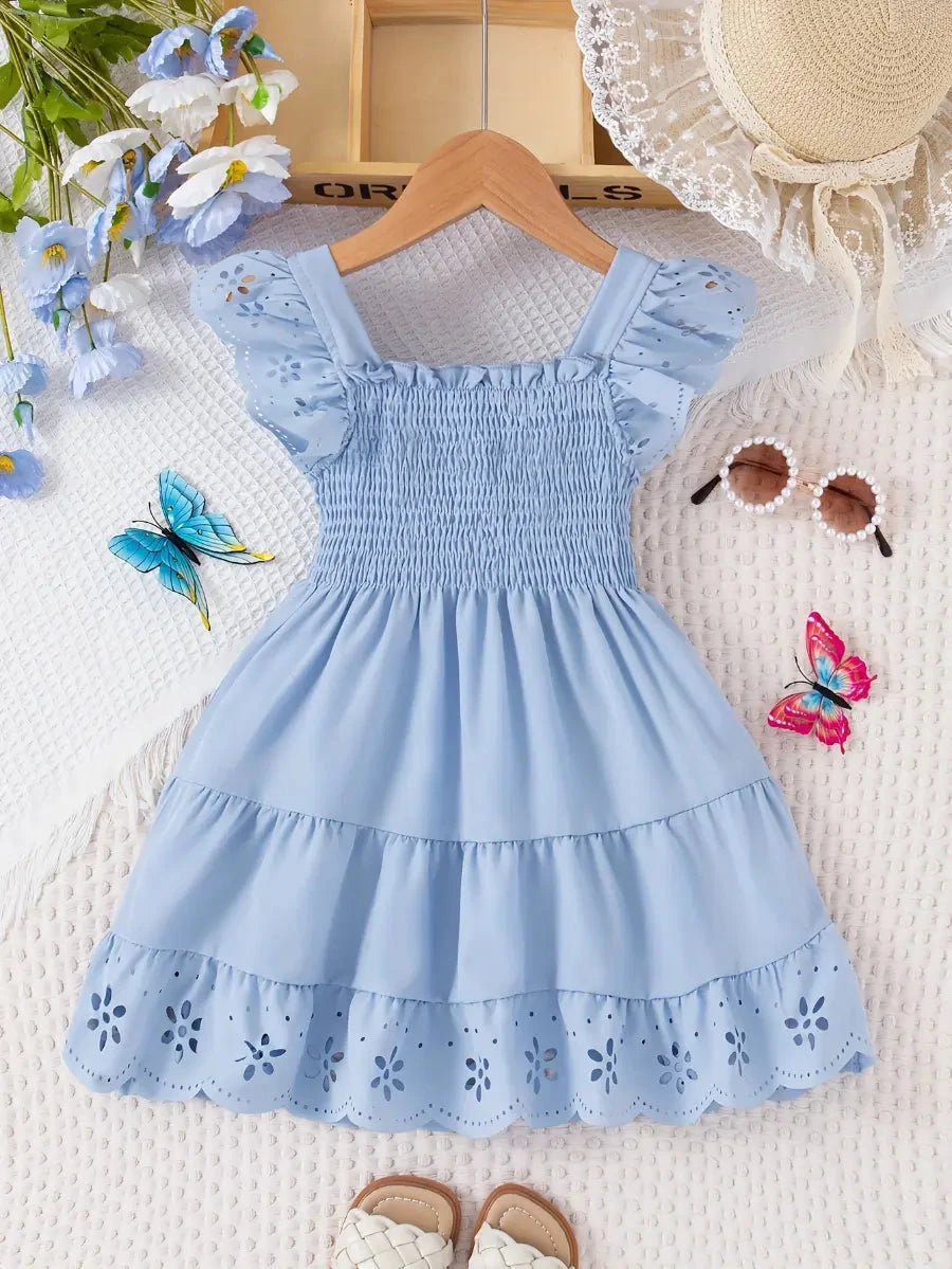 Vestido Infantil Menina Decote Quadrado Manga Borboleta Vazada Franzido Rodado Vestido Infantil 01 Kabannas Azul claro 1-2 Anos 