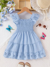Vestido Infantil Menina Decote Quadrado Manga Borboleta Vazada Franzido Rodado Vestido Infantil 01 Kabannas Azul claro 1-2 Anos 