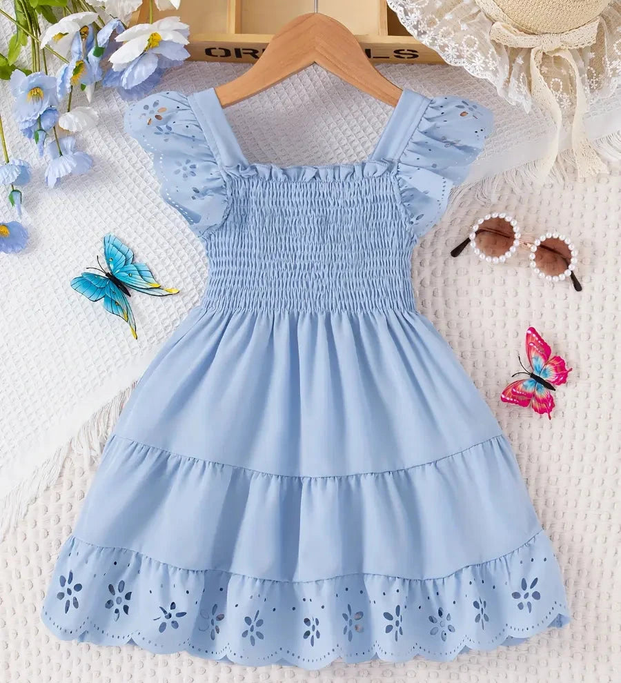 Vestido Infantil Menina Decote Quadrado Manga Borboleta Vazada Franzido Rodado Vestido Infantil 01 Kabannas Azul claro 1-2 Anos 