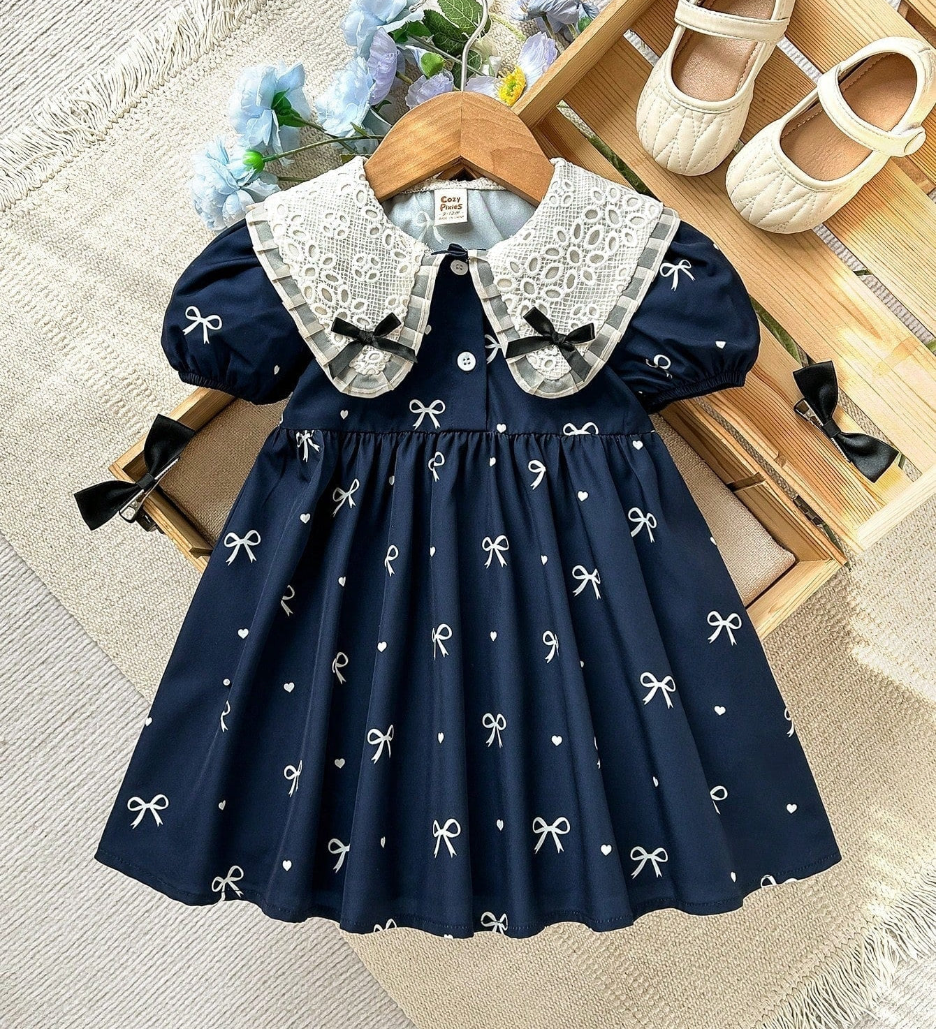 Vestido Infantil Menina Gola Peter Pan Renda Manga Bufante Estampa Laços 003 Vestido Menina 18 Kabannas Azul-marinho 6-9 Meses 