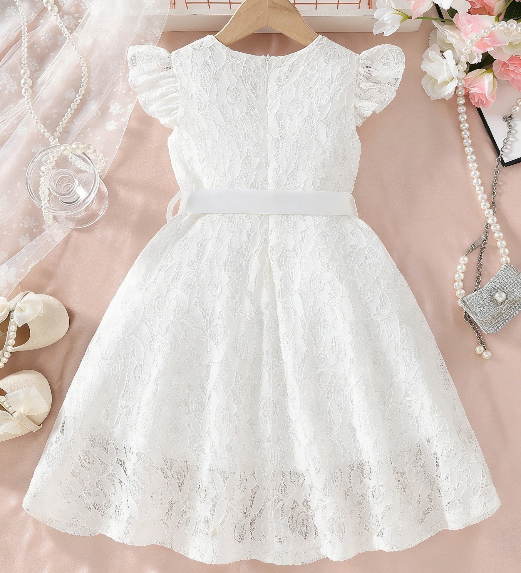 Vestido Infantil Menina Renda Manga Borboleta com Cinto Laço Gola Redonda Vestido Infantil 06 Kabannas 
