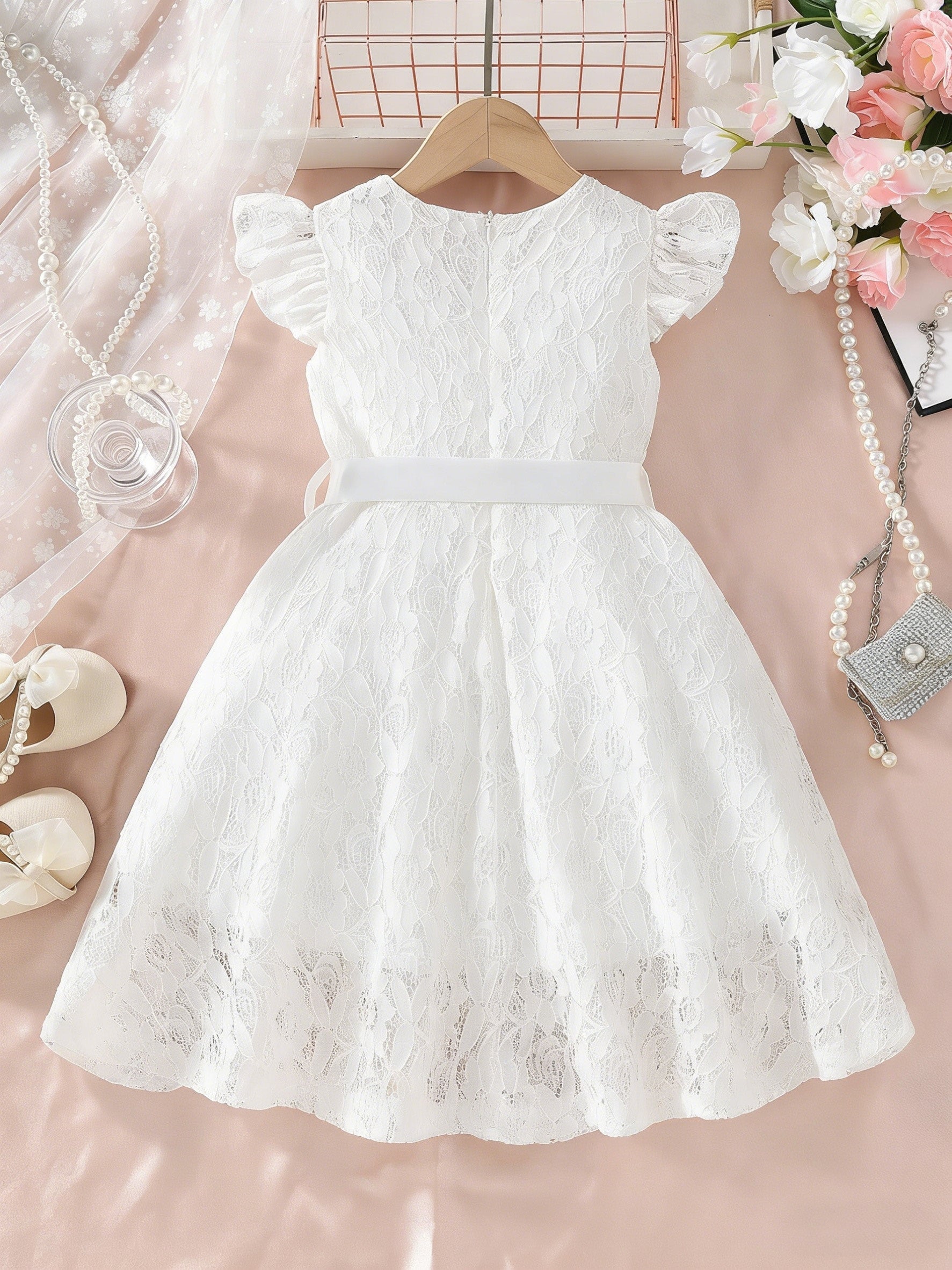 Vestido Infantil Menina Renda Manga Borboleta com Cinto Laço Gola Redonda Vestido Infantil 06 Kabannas 