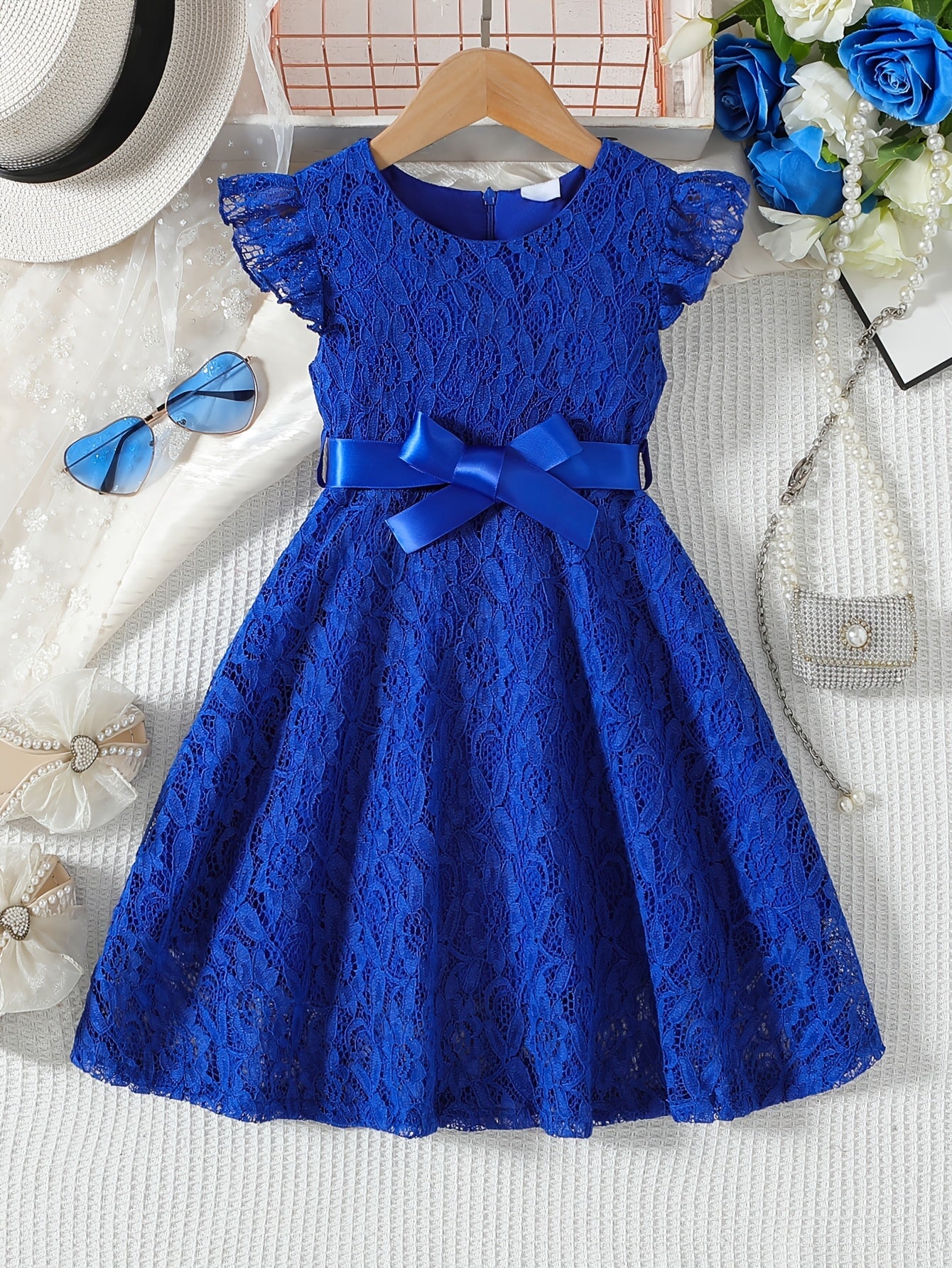 Vestido Infantil Menina Renda Manga Borboleta com Cinto Laço Gola Redonda Vestido Infantil 06 Kabannas Azul 3-4 anos 