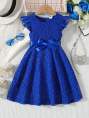 Vestido Infantil Menina Renda Manga Borboleta com Cinto Laço Gola Redonda Vestido Infantil 06 Kabannas Azul 3-4 anos 