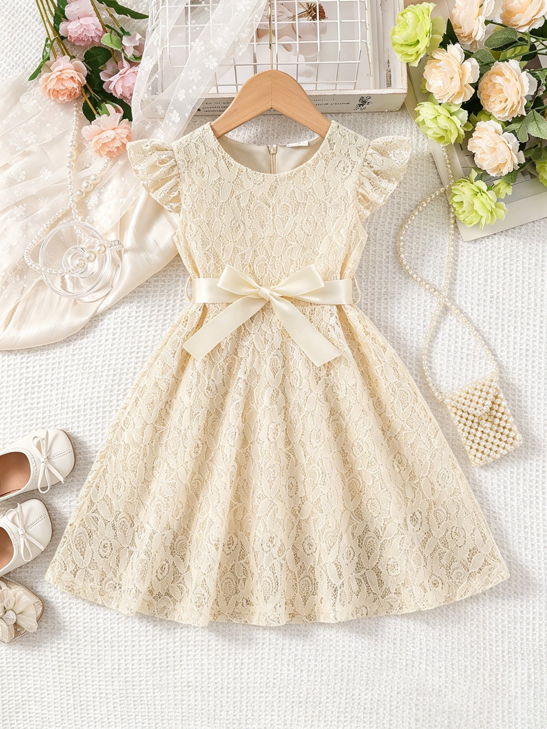Vestido Infantil Menina Renda Manga Borboleta com Cinto Laço Gola Redonda Vestido Infantil 06 Kabannas Bege 3-4 anos 