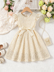 Vestido Infantil Menina Renda Manga Borboleta com Cinto Laço Gola Redonda Vestido Infantil 06 Kabannas Bege 3-4 anos 