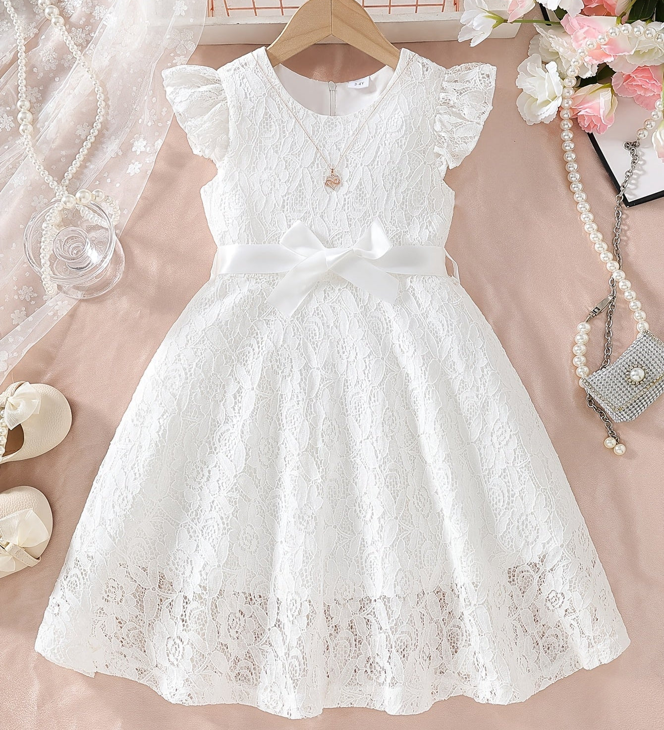 Vestido Infantil Menina Renda Manga Borboleta com Cinto Laço Gola Redonda Vestido Infantil 06 Kabannas Branco 3-4 anos 