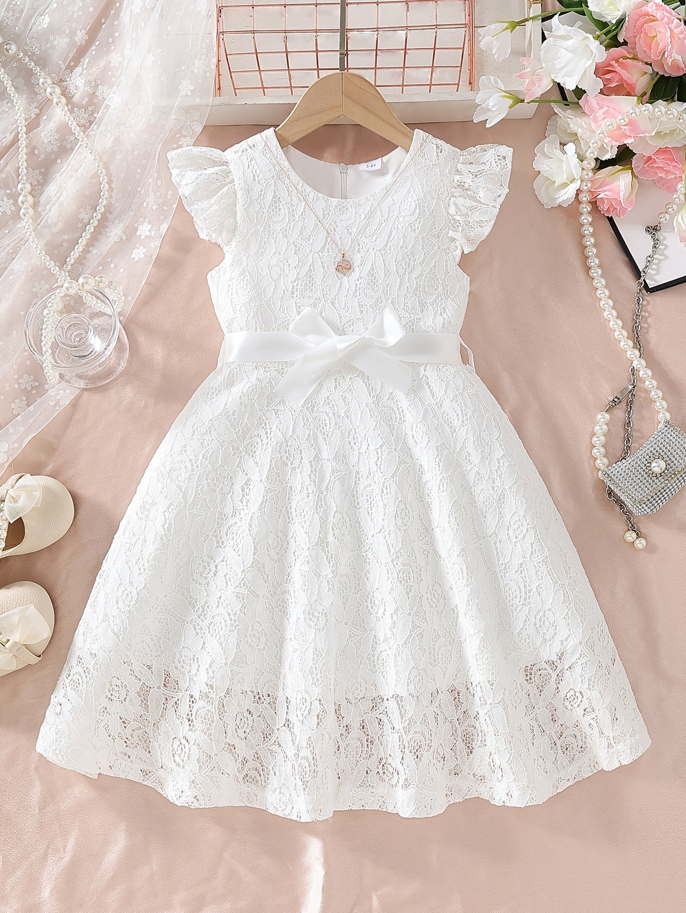 Vestido Infantil Menina Renda Manga Borboleta com Cinto Laço Gola Redonda Vestido Infantil 06 Kabannas Branco 3-4 anos 