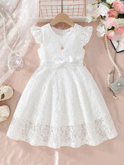 Vestido Infantil Menina Renda Manga Borboleta com Cinto Laço Gola Redonda Vestido Infantil 06 Kabannas Branco 3-4 anos 