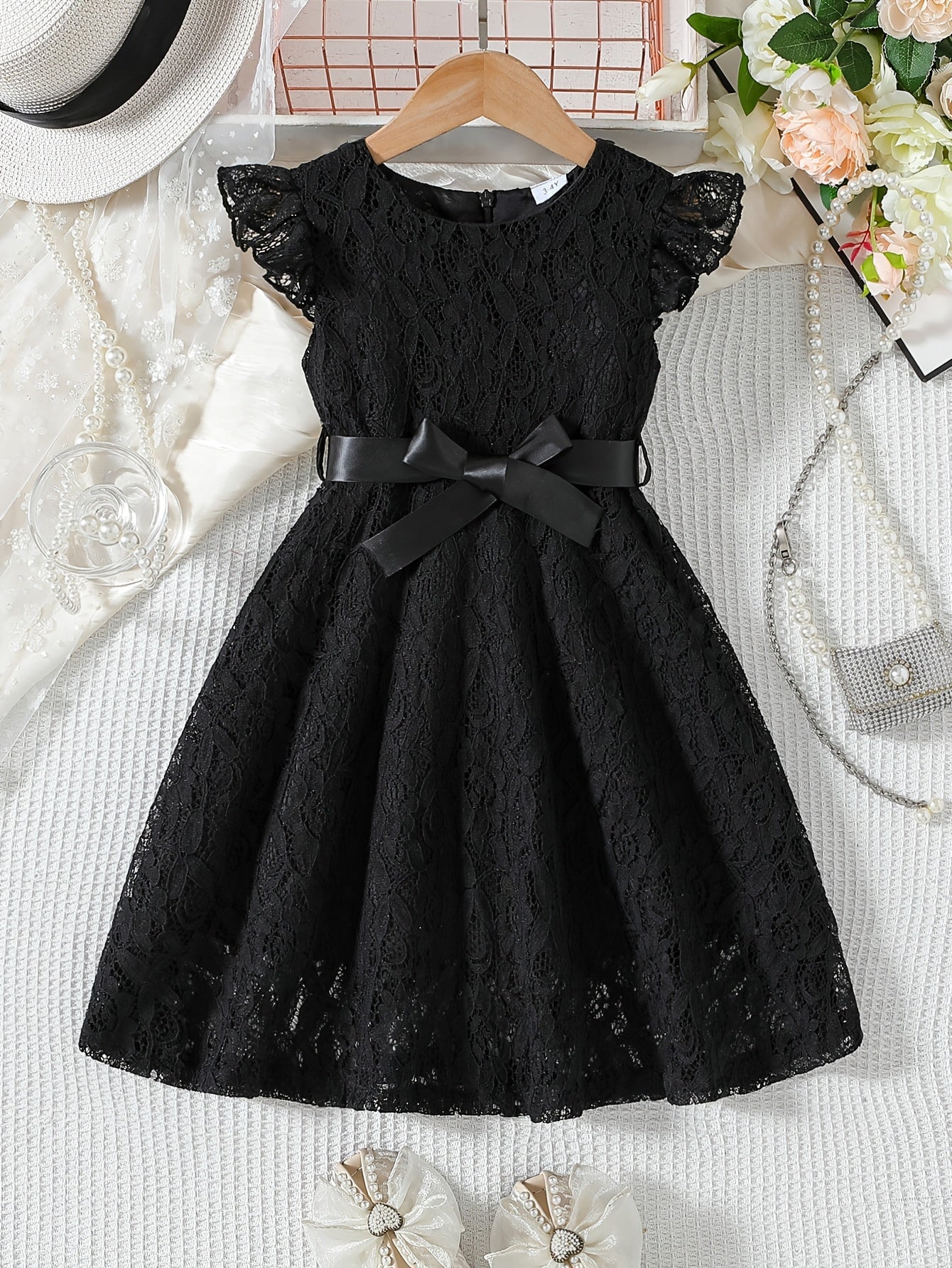 Vestido Infantil Menina Renda Manga Borboleta com Cinto Laço Gola Redonda Vestido Infantil 06 Kabannas Preto 3-4 anos 