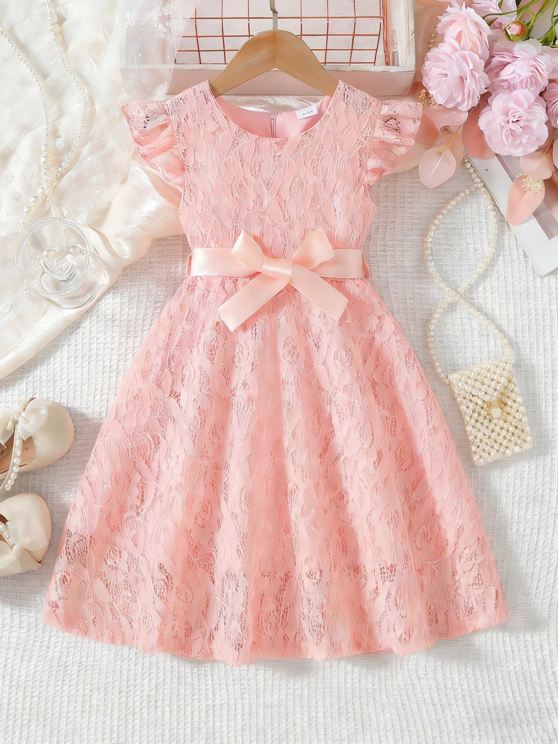 Vestido Infantil Menina Renda Manga Borboleta com Cinto Laço Gola Redonda Vestido Infantil 06 Kabannas Rosa 3-4 anos 