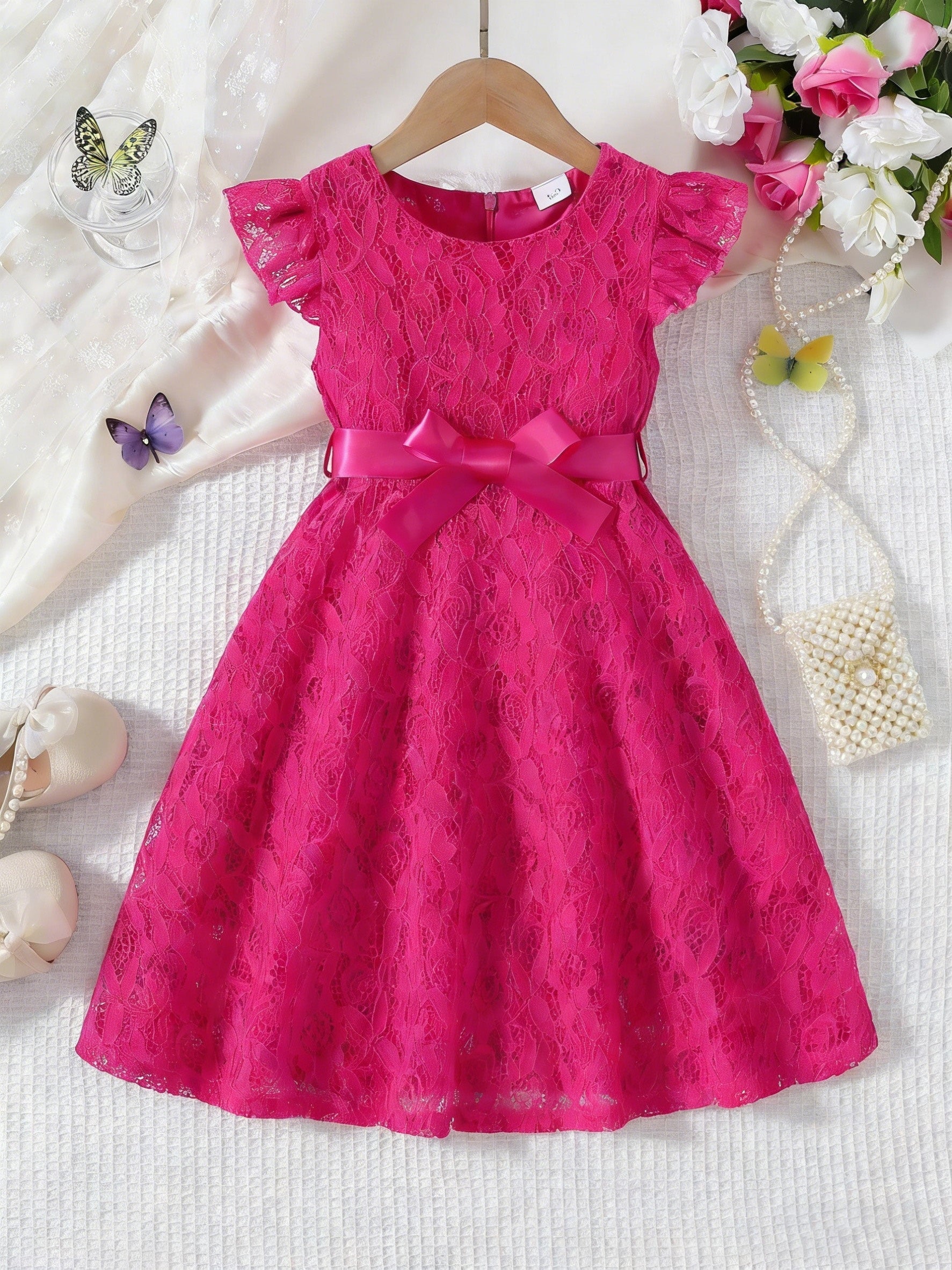 Vestido Infantil Menina Renda Manga Borboleta com Cinto Laço Gola Redonda Vestido Infantil 06 Kabannas Rosa escuro 3-4 anos 