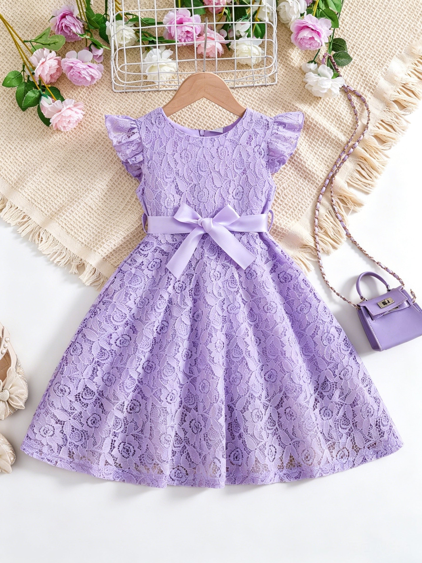 Vestido Infantil Menina Renda Manga Borboleta com Cinto Laço Gola Redonda Vestido Infantil 06 Kabannas Roxo 3-4 anos 