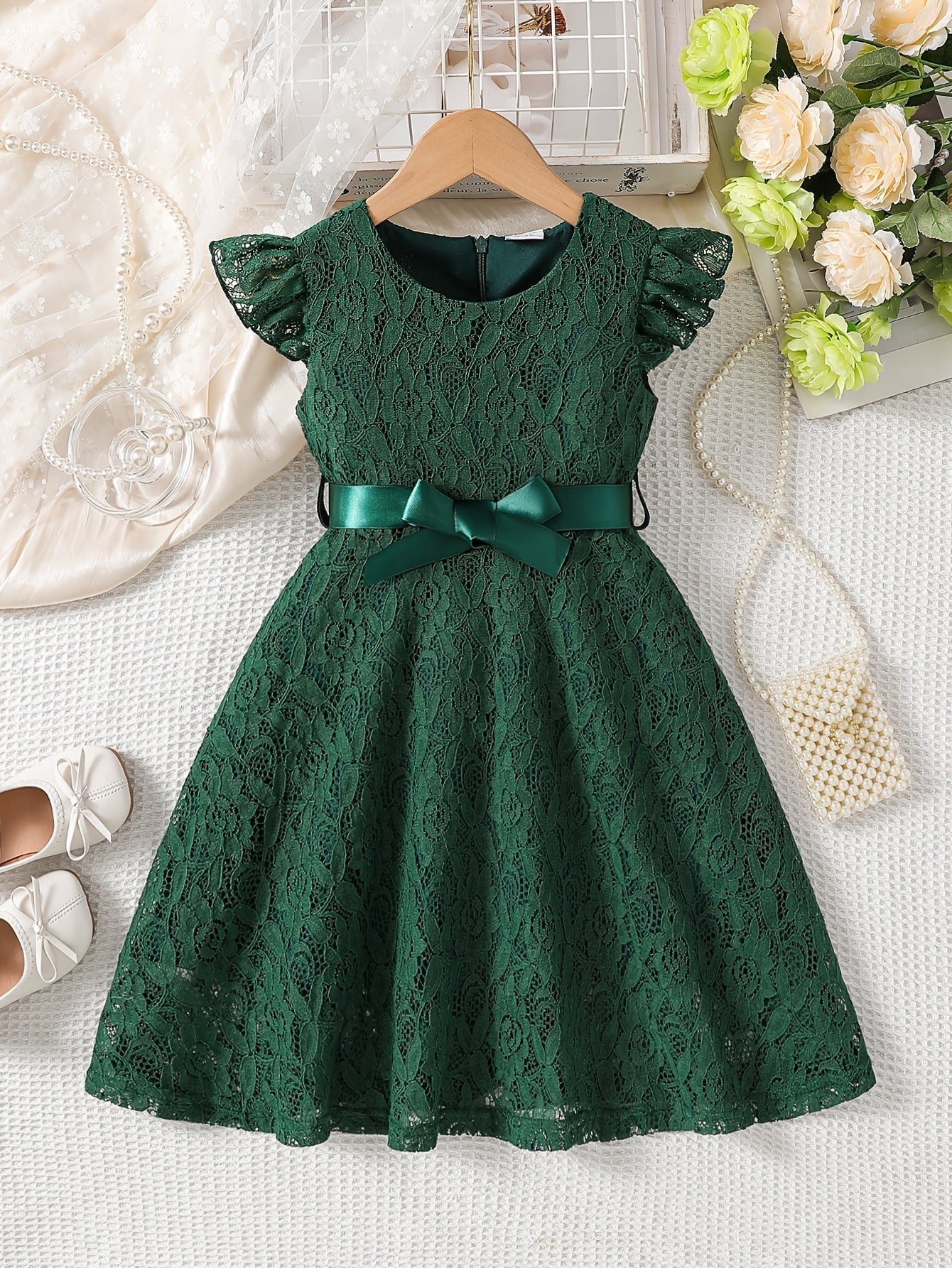 Vestido Infantil Menina Renda Manga Borboleta com Cinto Laço Gola Redonda Vestido Infantil 06 Kabannas Verde 3-4 anos 